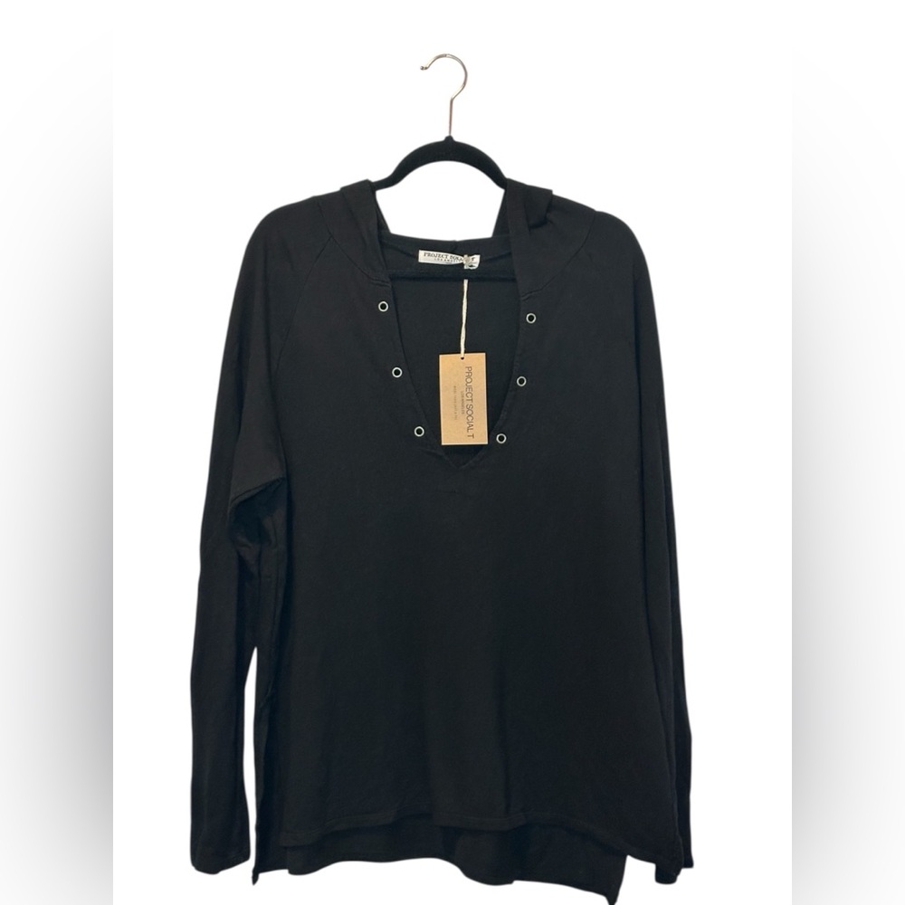 Project Social T Black Hooded Pullover with Eyelet V-Neck